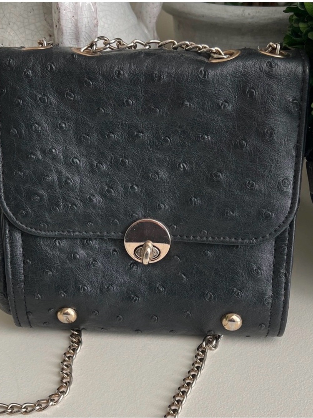 Black Textured Crossbody Bag with Gold Hardware